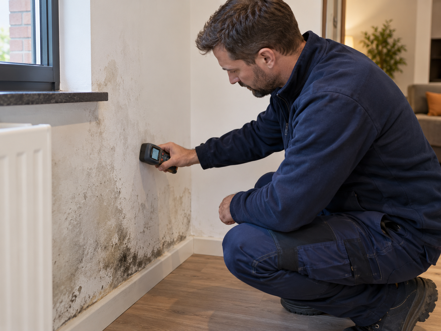 Technicien contrôlant l'humidité d'un mur présentant des moisissures