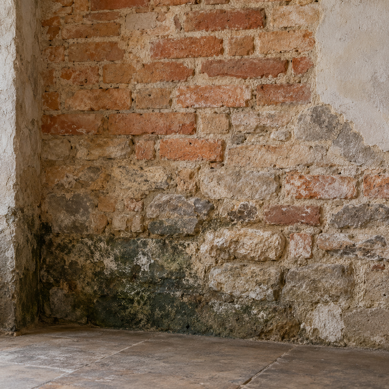 Mur ancien en briques et pierres touché par l'humidité
